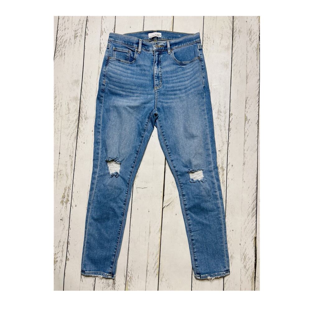 LOFT Sz 8 Women's Skinny Jeans Distressed Raw Hem Stretch Denim Blue